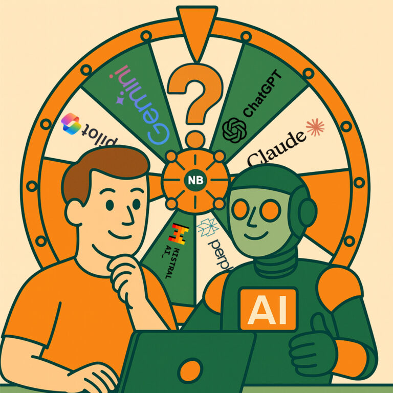 Roulette de jeux avec les marques IA et personnage plus un robot devant un ordinateur