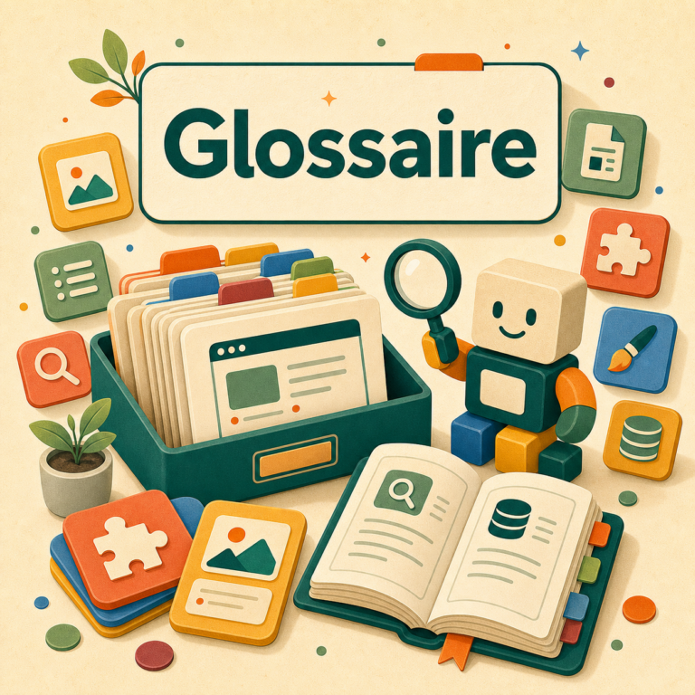 Image mise en avant du glossaire WordPress NBForm avec le mot Glossaire, fiches de vocabulaire et pictogrammes web