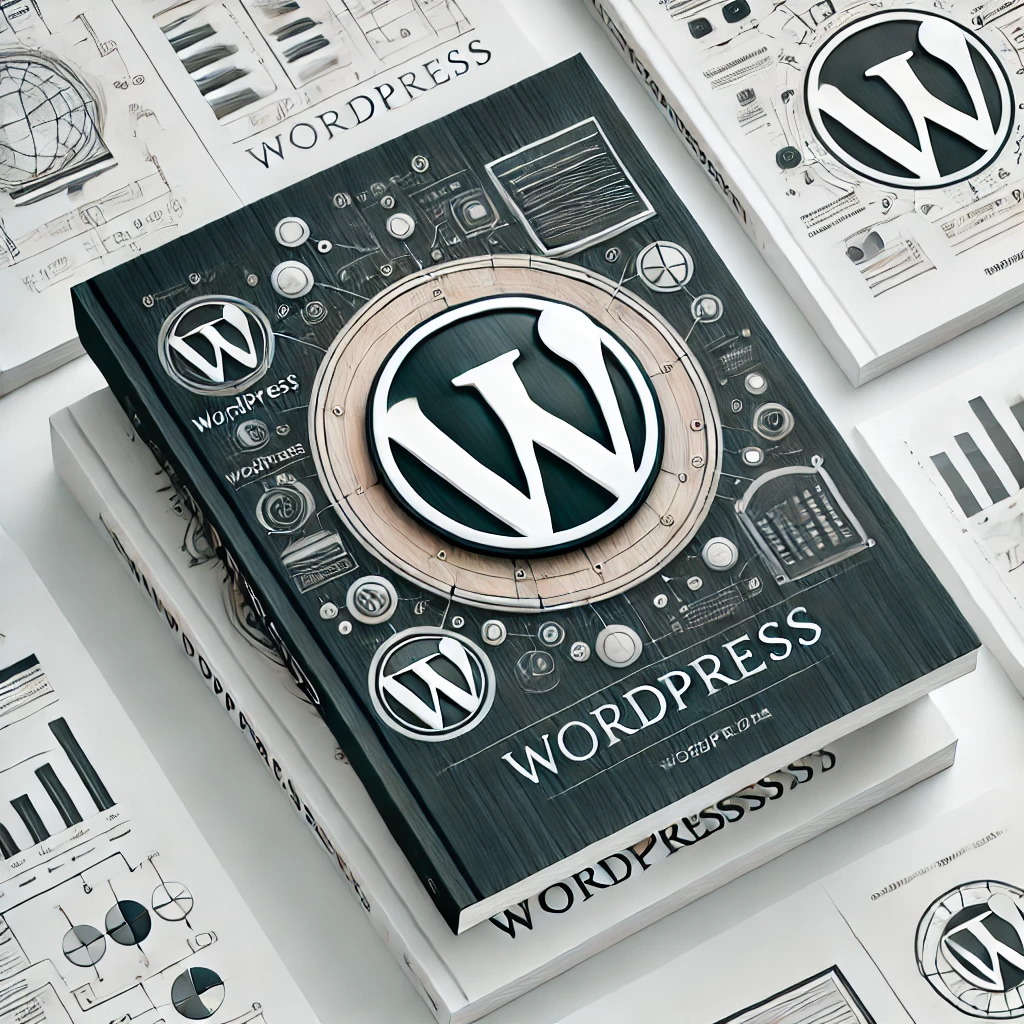 Couverture de guide WordPress, avec un logo WordPress proéminent et des diagrammes abstraits représentant la structure des sites web et des systèmes de gestion de contenu