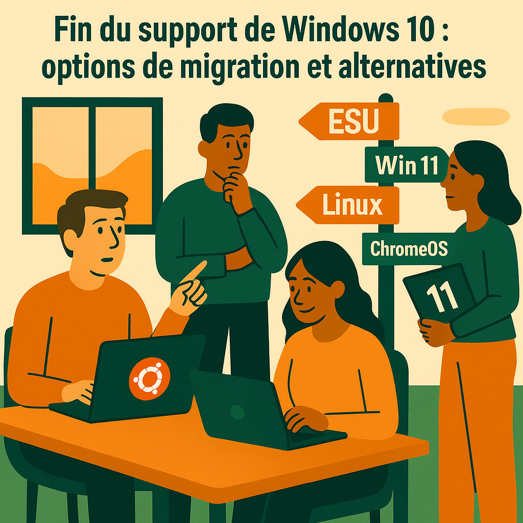 groupe de personnes qui discute devant des ordinateurs avec un panneau de direction en fond