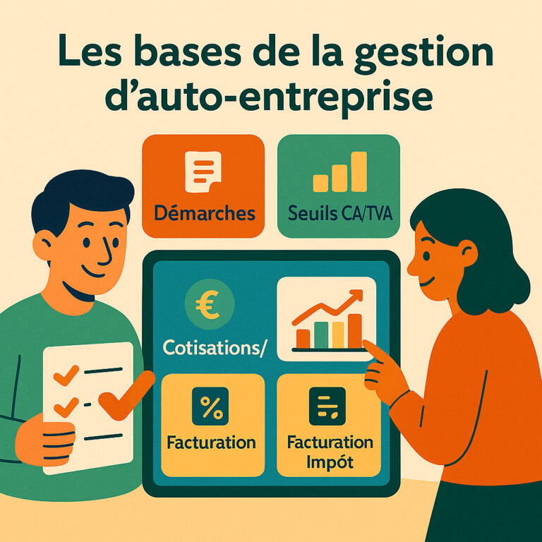 Illustration flat sur fond beige : deux personnages consultent un tableau de bord affichant des icônes « Démarches », « Seuils CA/TVA », « Cotisations », « Facturation/Impôt ».