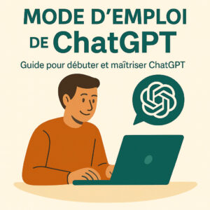 homme devant son ordi avec l'icone ChatGPT et le texte mode d'emploi chatgpt