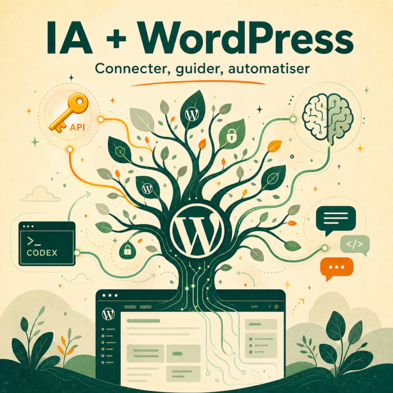 Illustration conceptuelle montrant WordPress connecté à une clé API, à MCP, à Codex et à des prompts d’intelligence artificielle.