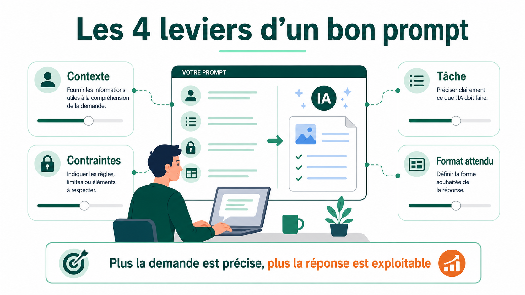 Infographie présentant les quatre leviers d’un bon prompt : contexte, tâche, contraintes, format attendu.