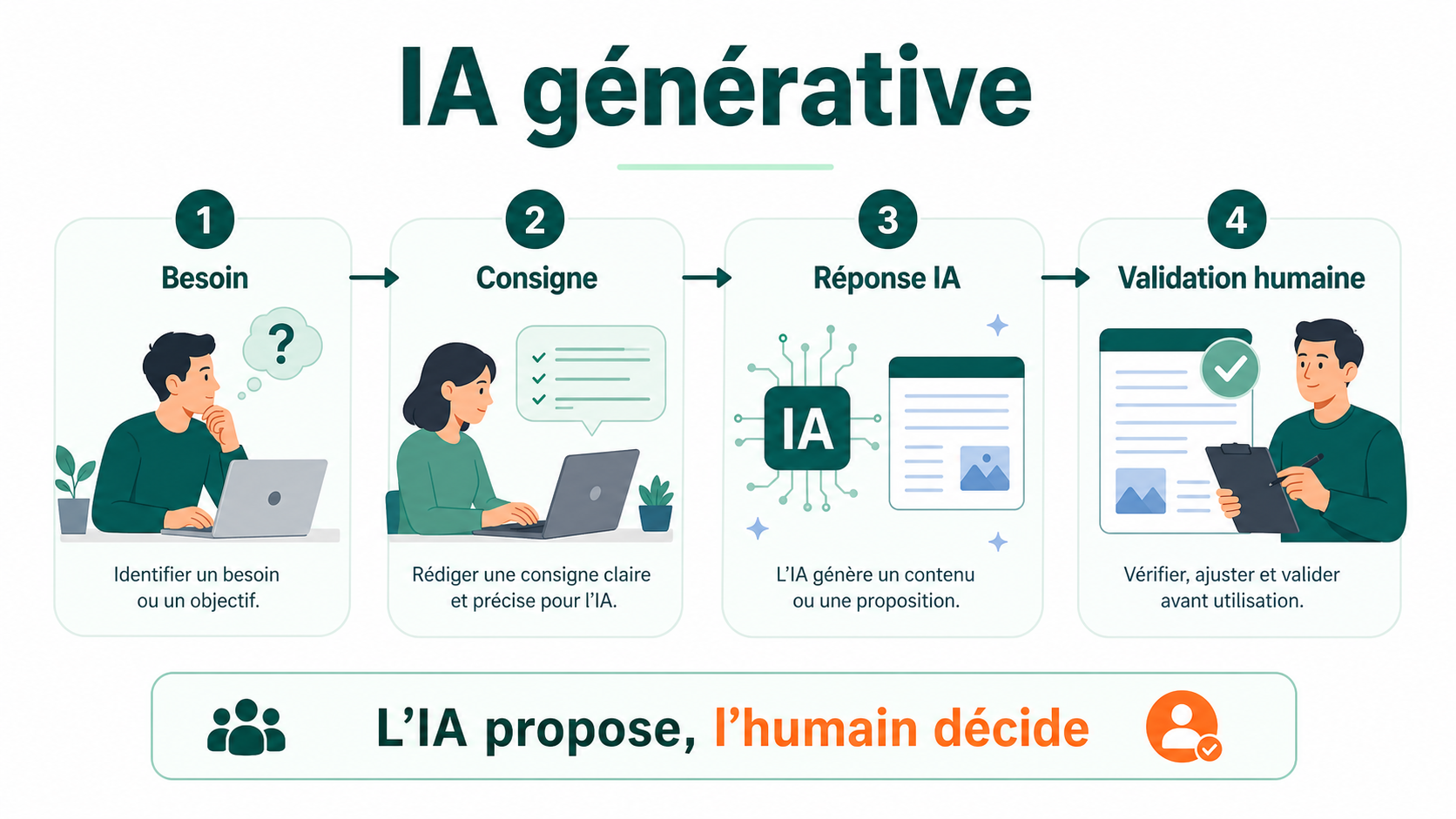 Infographie expliquant le principe minimal de l’IA générative : besoin, consigne, réponse IA, validation humaine.