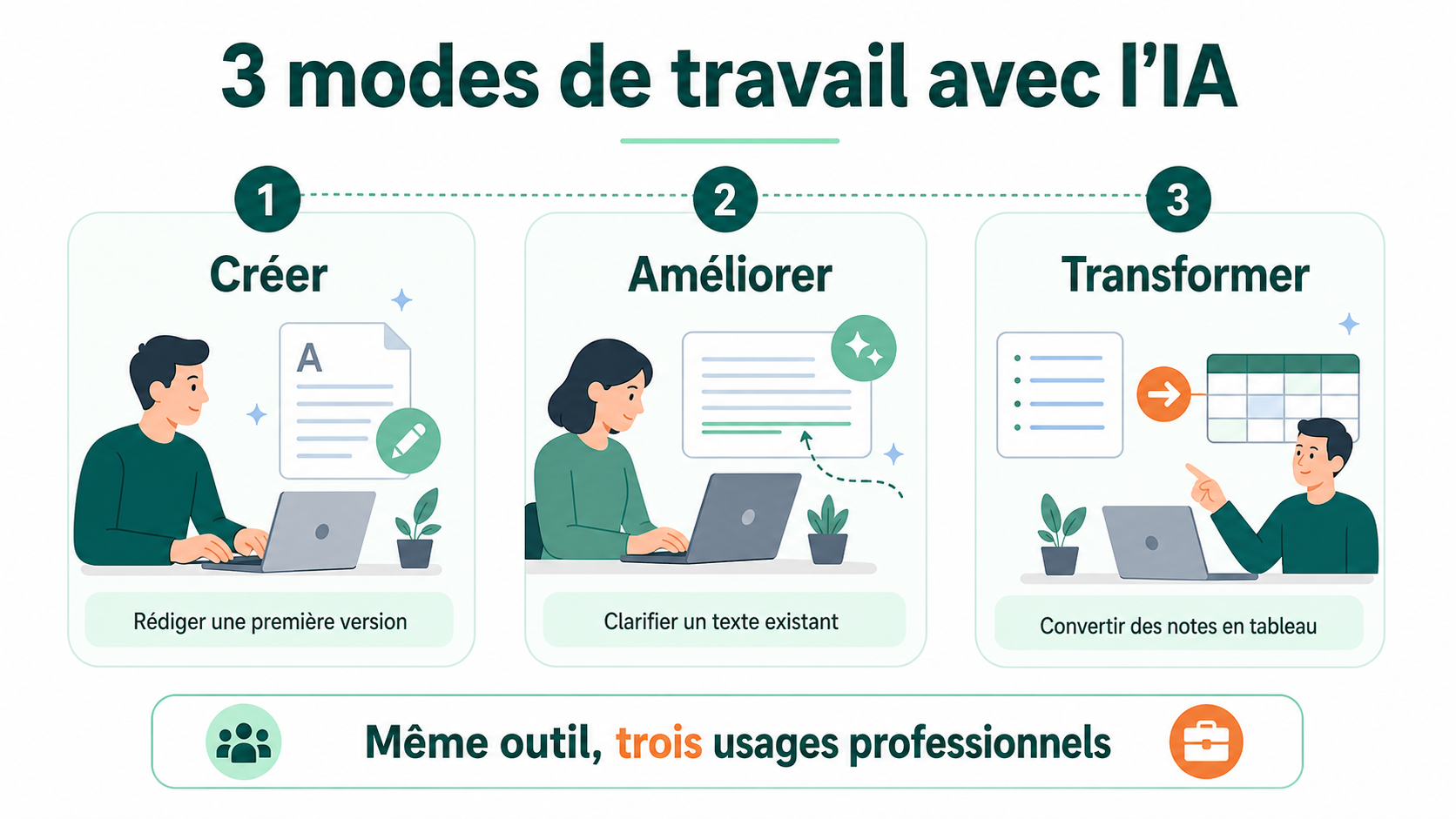 Infographie présentant trois modes de travail avec l’IA générative : créer, améliorer, transformer.