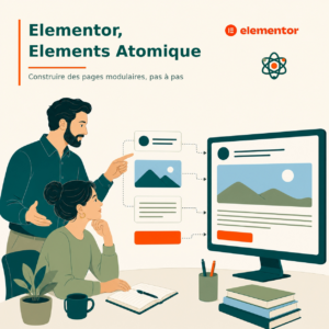 Illustration éditoriale flat d’une formation Elementor avec des éléments atomiques modulaires