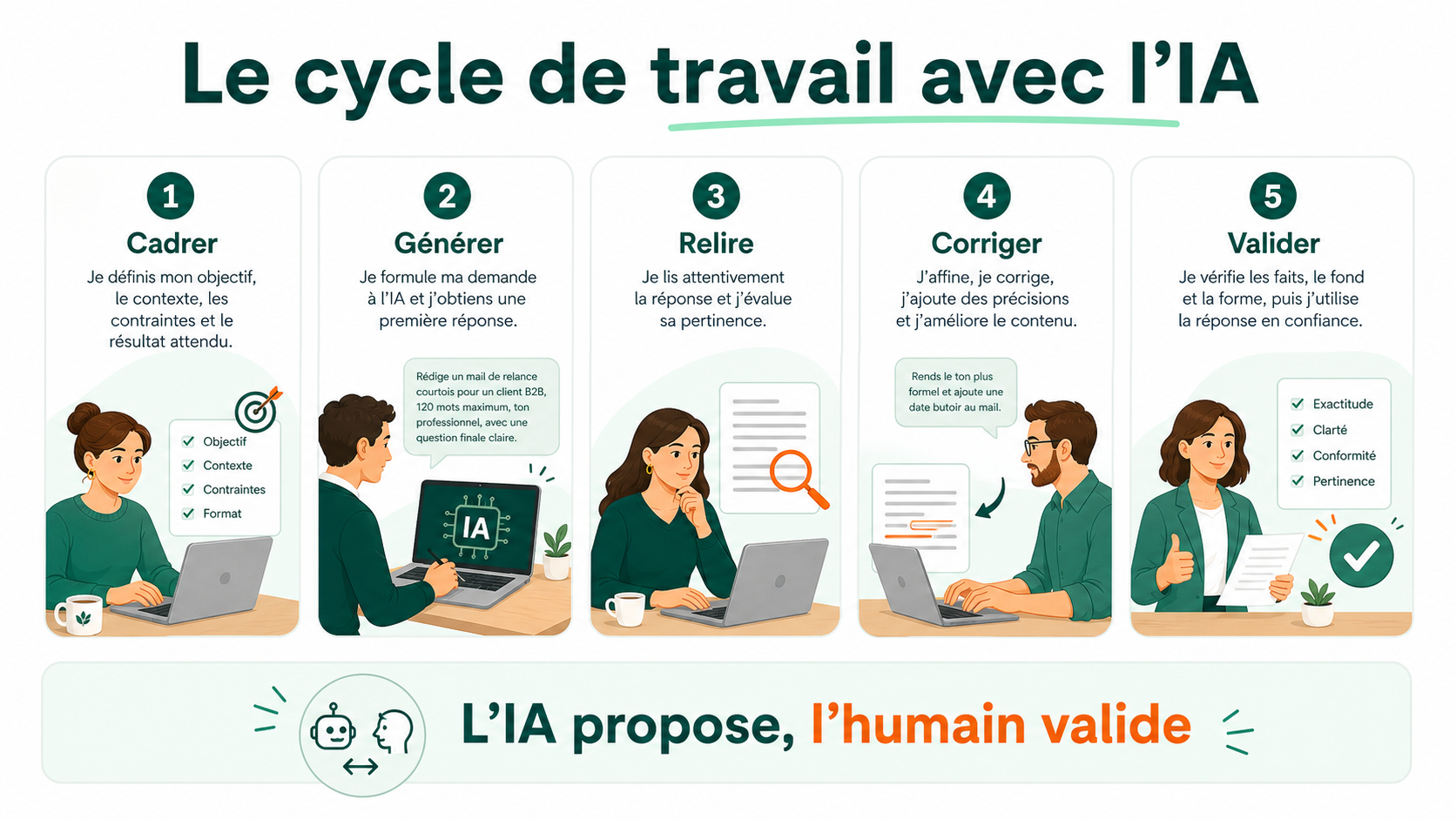 Infographie NBForm présentant le cycle de travail avec l’IA : cadrer, générer, relire, corriger et valider.