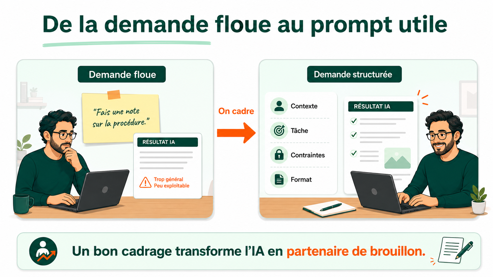 Infographie NBForm montrant comment transformer une demande floue en prompt utile et structuré.