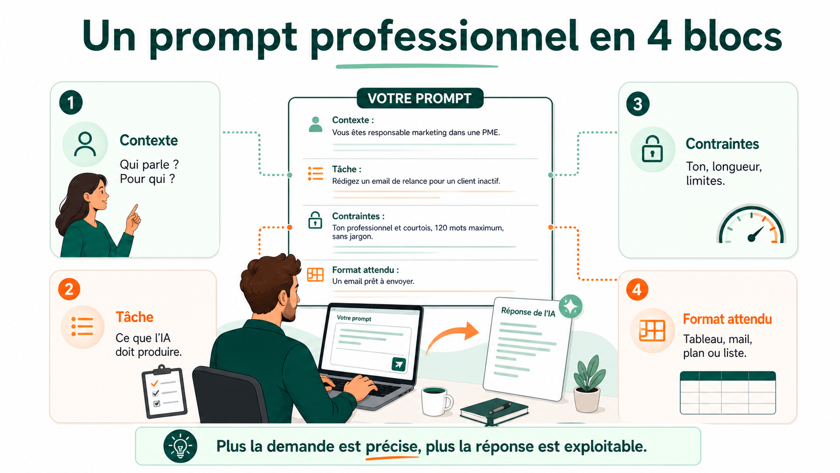 Infographie NBForm expliquant les quatre blocs d’un prompt professionnel : contexte, tâche, contraintes et format attendu.