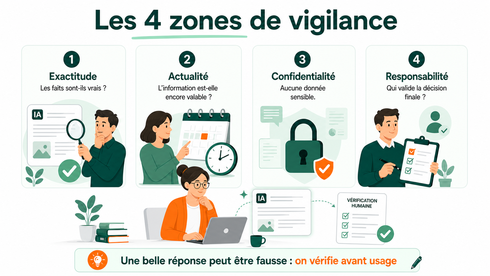Infographie NBForm présentant quatre zones de vigilance avec l’IA générative : exactitude, actualité, confidentialité et responsabilité.