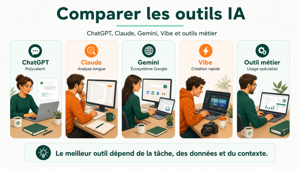 Infographie NBForm pour comparer les outils d’intelligence artificielle selon les usages