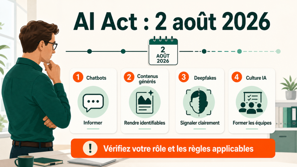 Quatre réflexes liés à l’AI Act : informer pour les chatbots, identifier les contenus générés, signaler les deepfakes et former les équipes