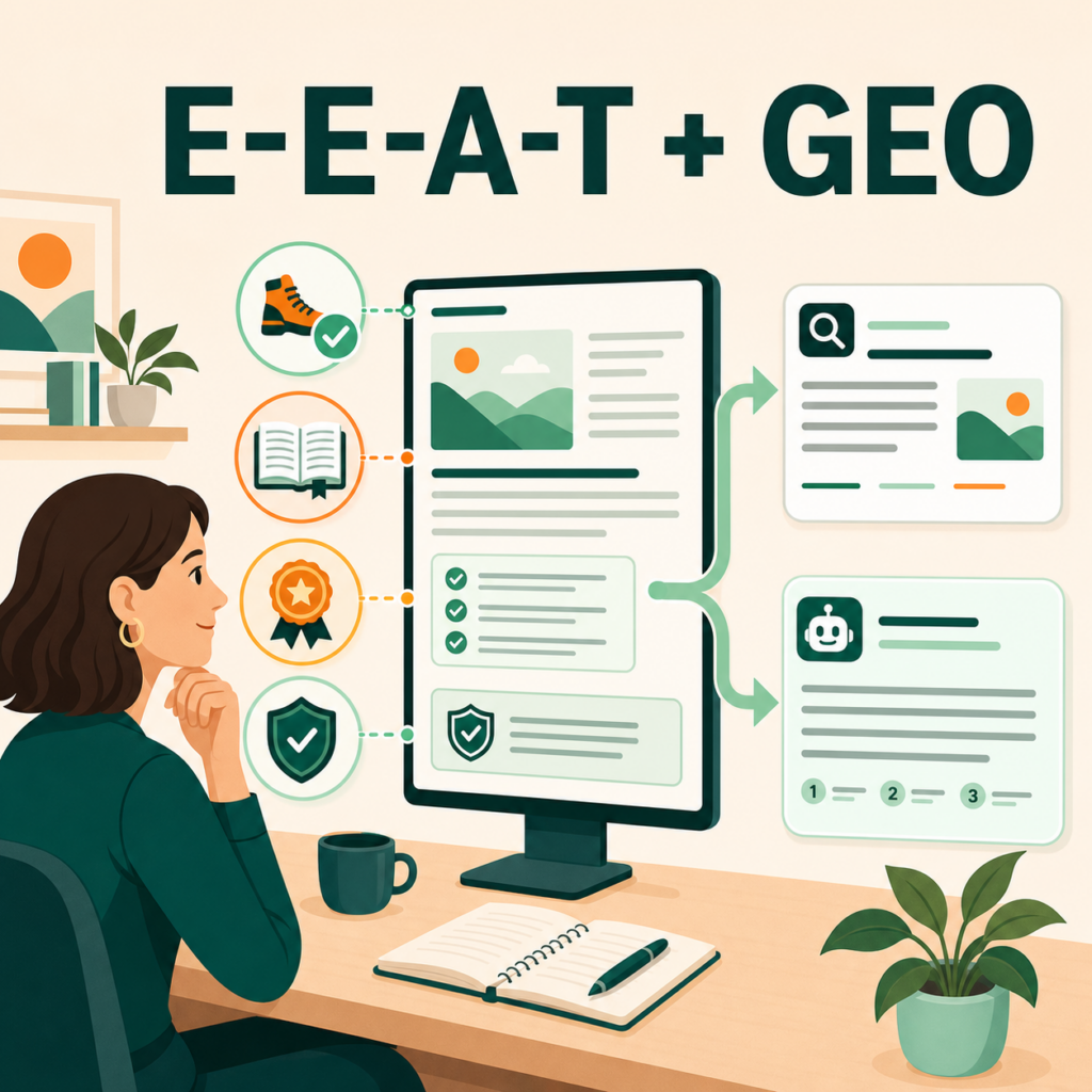 Illustration E-E-A-T et GEO : une page web enrichie de preuves devient une source pour les moteurs de recherche et les IA