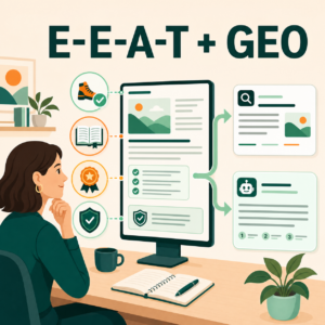 Illustration E-E-A-T et GEO : une page web enrichie de preuves devient une source pour les moteurs de recherche et les IA