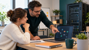 Un formateur accompagne une stagiaire devant un workflow d’automatisation relié à un serveur