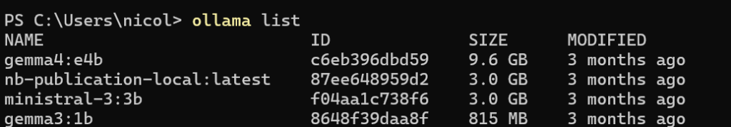 Commande ollama list dans PowerShell affichant les modèles installés