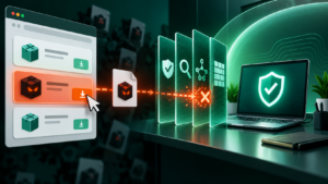 Illustration d’un faux téléchargement bloqué par plusieurs protections de cybersécurité