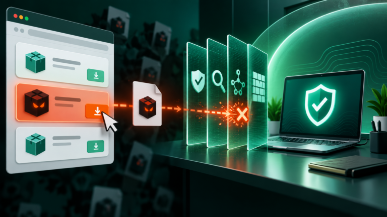 Illustration d’un faux téléchargement bloqué par plusieurs protections de cybersécurité