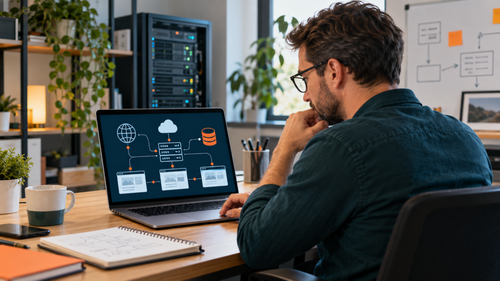 Un professionnel organise plusieurs sites et services reliés à une infrastructure serveur