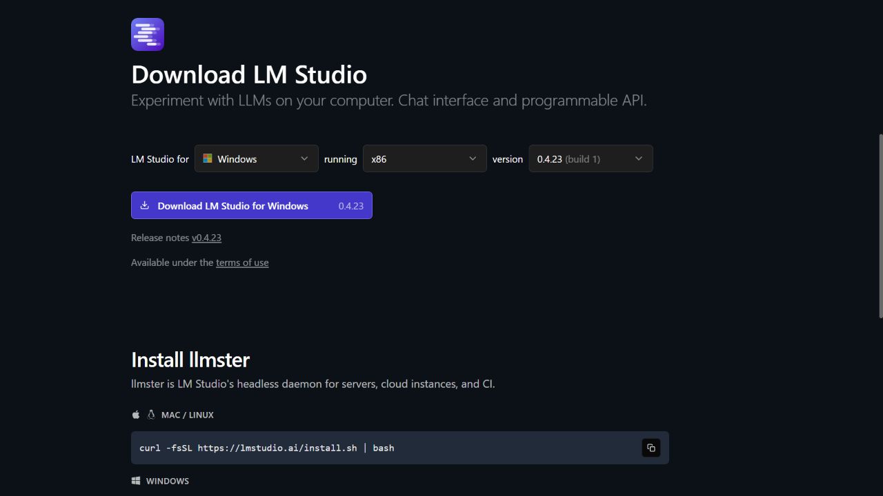 Page officielle de téléchargement de LM Studio pour Windows