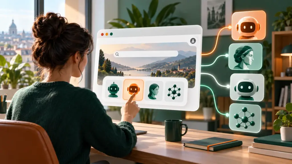 Une utilisatrice choisit entre plusieurs assistants IA proposés dans un navigateur