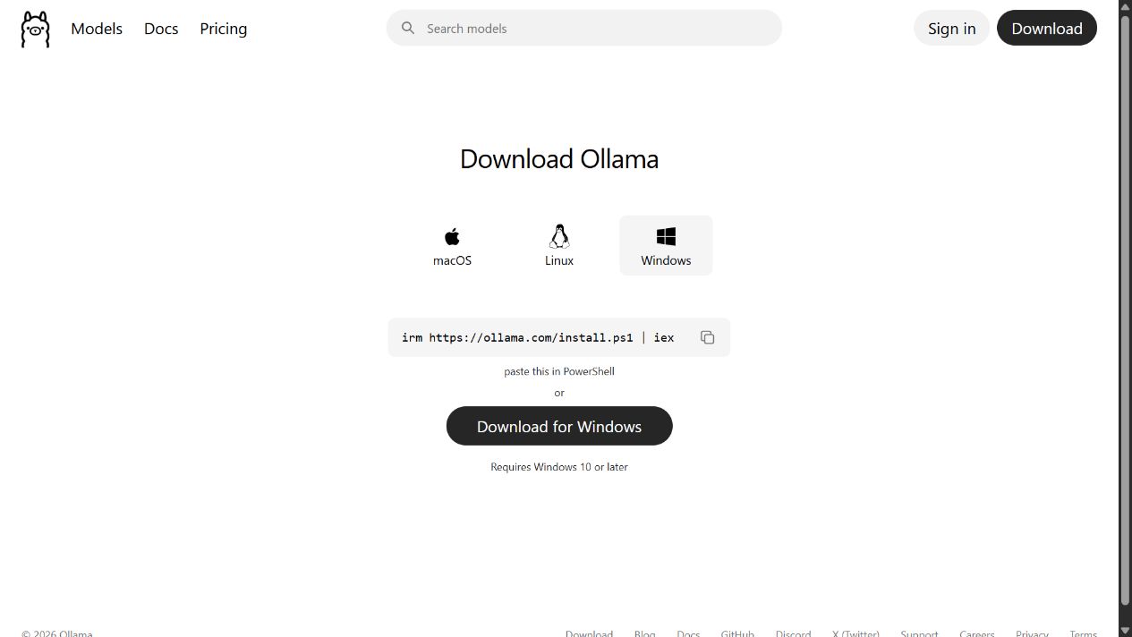 Page officielle de téléchargement d’Ollama pour Windows