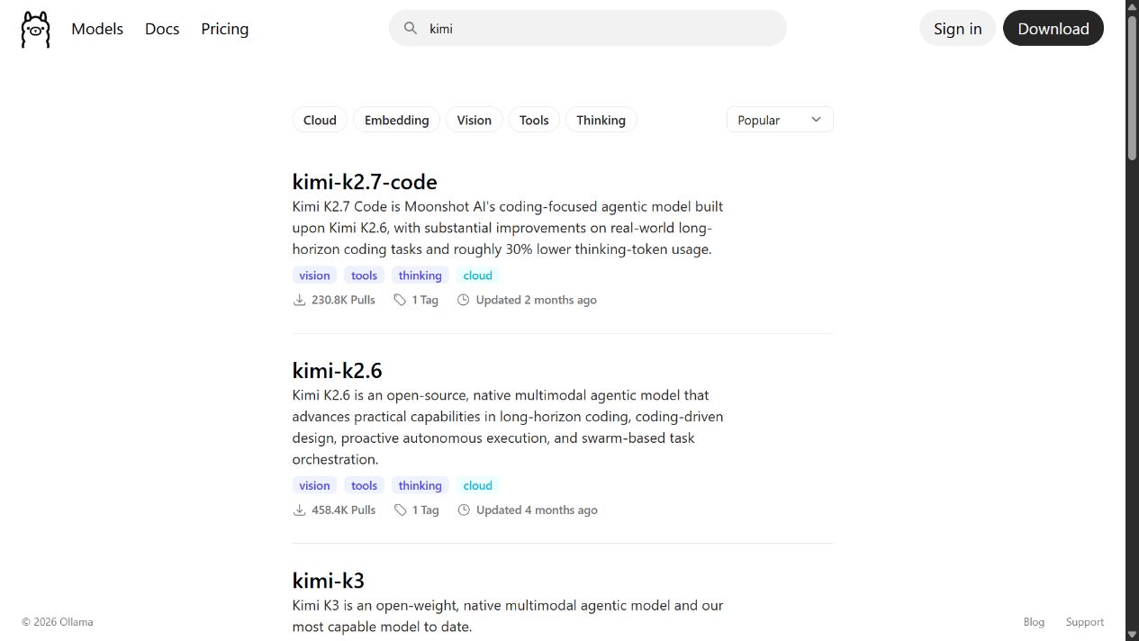 Résultats Kimi dans Ollama avec indication des variantes cloud