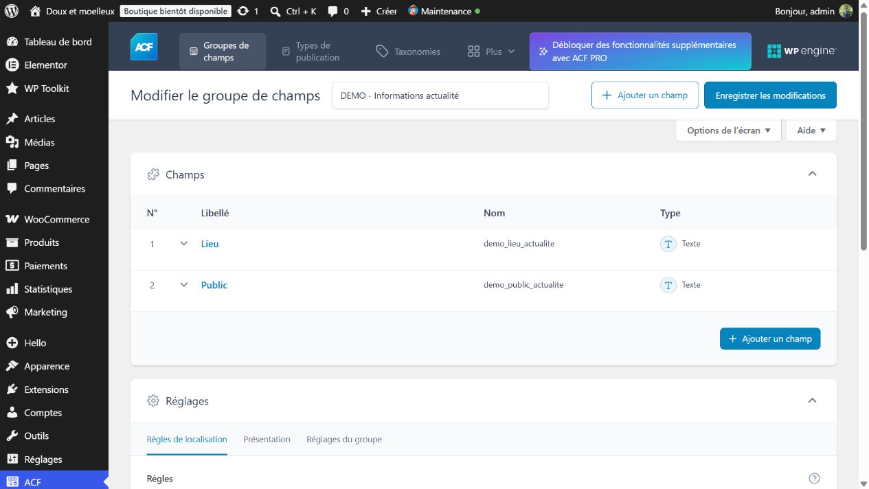 Le groupe rassemble deux champs Texte : leurs libellés et leurs noms sont distincts.