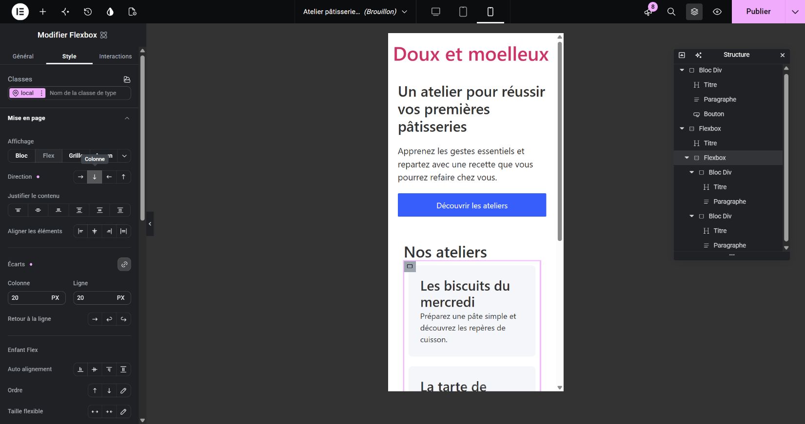 En Portrait mobile, la Flexbox des cartes utilise Colonne. Faites défiler l’aperçu pour lire la seconde carte.