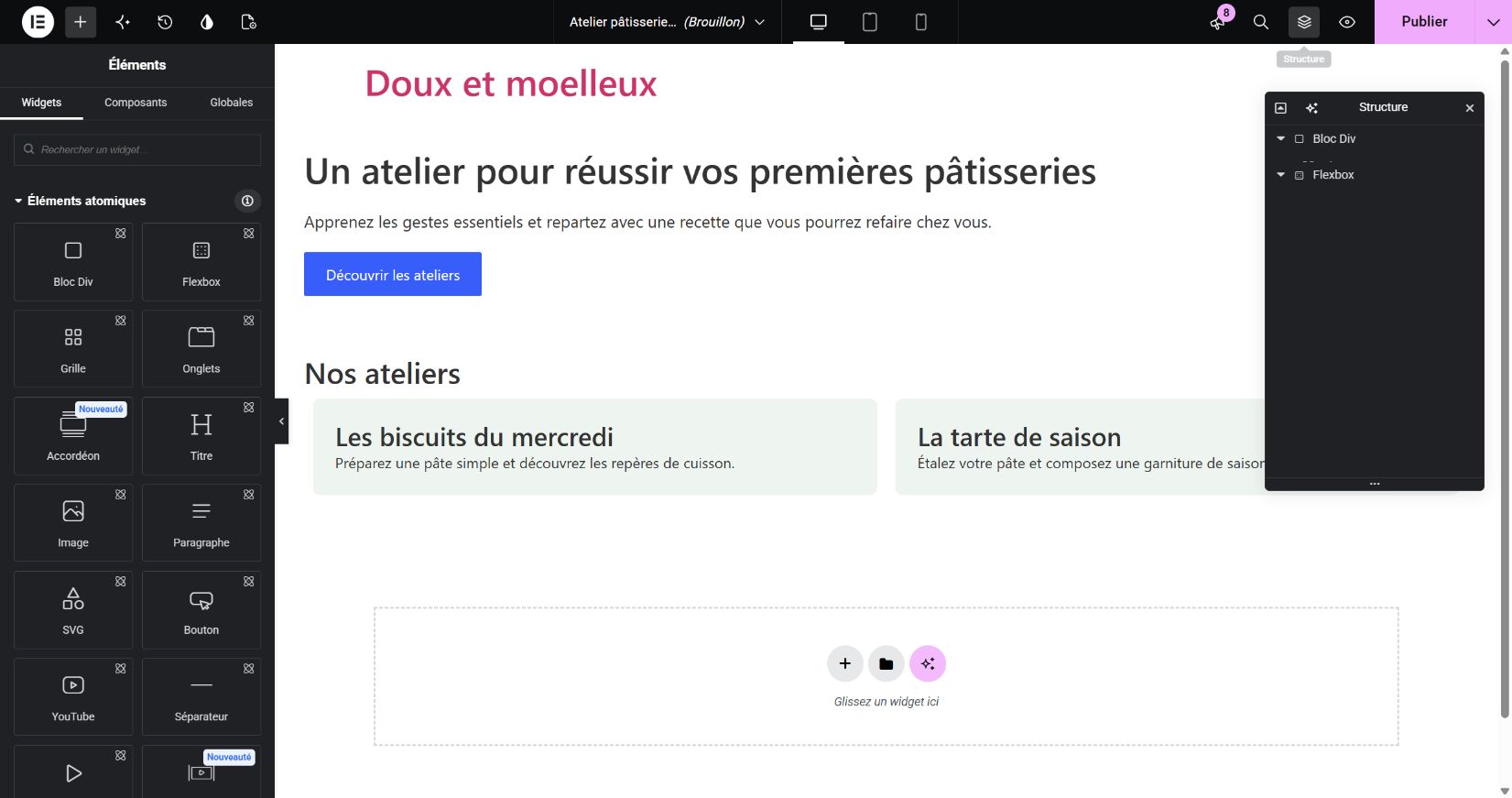 Les éléments de la famille atomique se trouvent dans le panneau de gauche. La page de démonstration sert de repère.