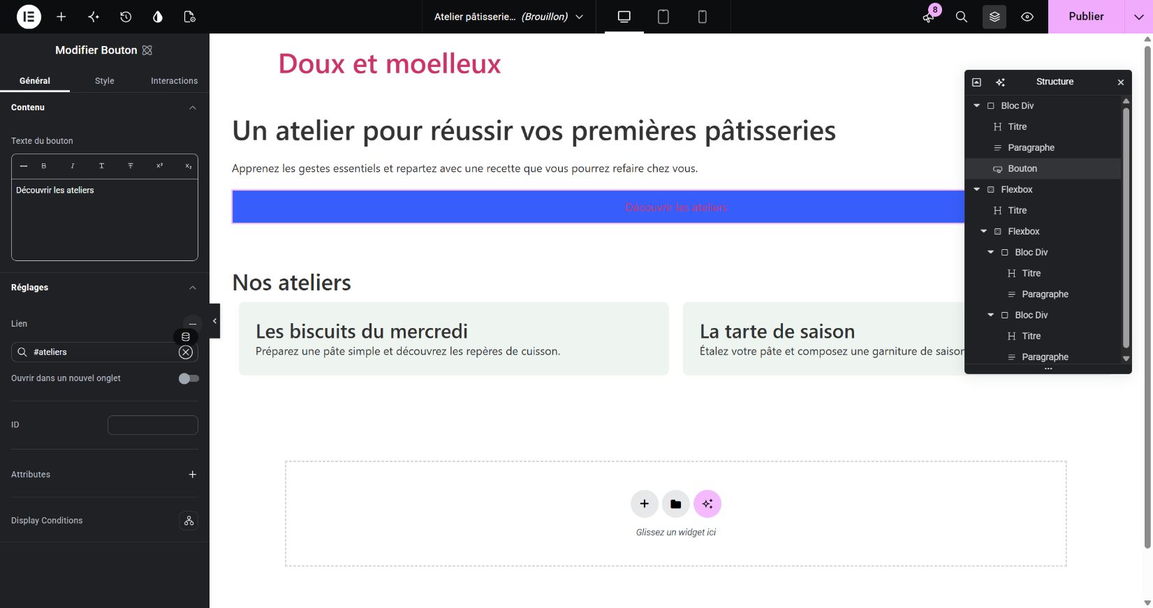 Dans Structure, le titre, le paragraphe et le bouton sont les enfants du premier Bloc Div. Le lien du bouton vise #ateliers.