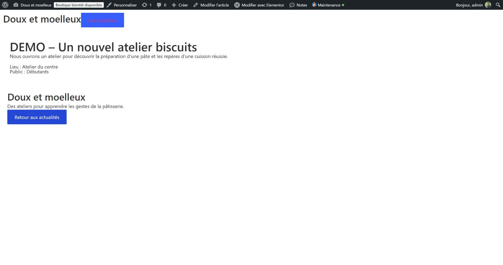 Le modèle affiche le titre, le texte, le lieu et le public de l’article biscuits.