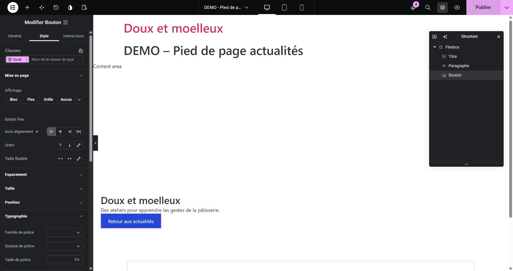 Le bouton du pied de page utilise un texte blanc sur fond bleu et un alignement au début de la ligne.