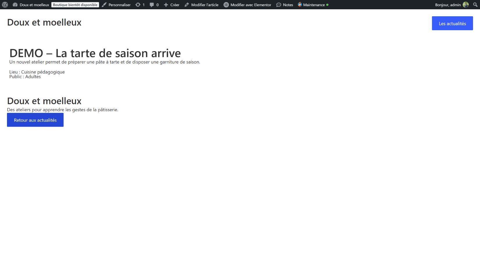 Le second article conserve la présentation commune et affiche Cuisine pédagogique et Adultes.