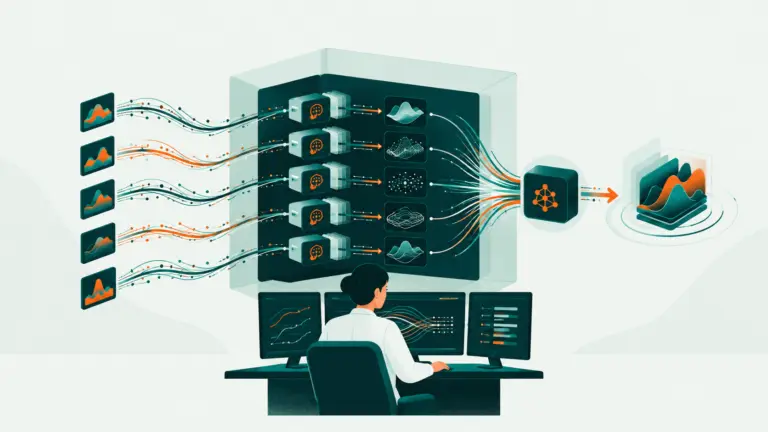 Illustration conceptuelle d’une personne analysant des simulations informatiques exécutées en parallèle dans un environnement isolé.