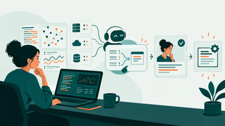 Illustration conceptuelle d’une analyste vérifiant des signaux de sécurité et une proposition d’un assistant logiciel avant validation humaine.