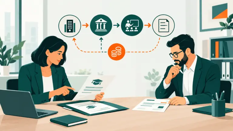 Une responsable formation et un comptable examinent le circuit d’une avance de frais, du paiement d’un organisme de formation à la facture récapitulative.