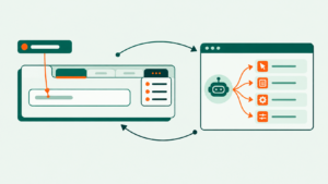 Illustration de composants web reliant un libellé à un champ et d’actions structurées destinées à un agent logiciel.