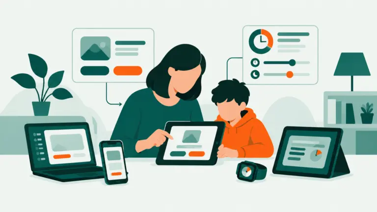 Un parent examine une demande d’accès à un site sur la tablette d’un enfant, tandis que la famille vérifie ses réglages numériques.