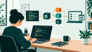 Illustration conceptuelle d’une développeuse testant un projet Python et ses dépendances sur un ordinateur portable générique.