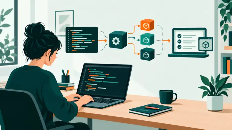 Illustration conceptuelle d’une développeuse testant un projet Python et ses dépendances sur un ordinateur portable générique.
