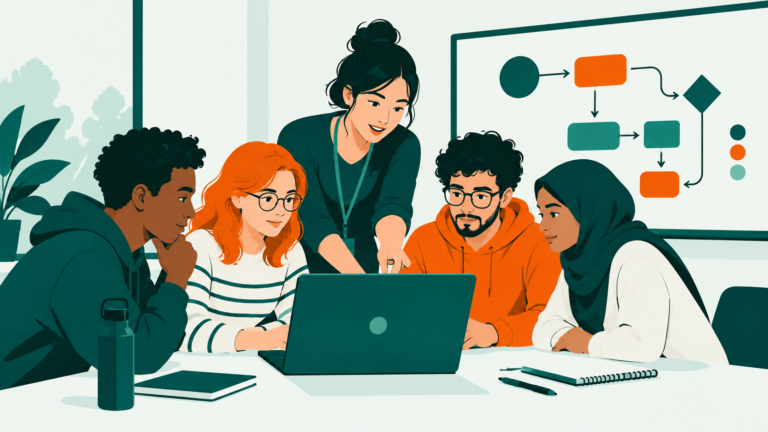 Illustration conceptuelle d’un atelier de programmation en petit groupe, avec une animatrice guidant les participants autour d’un ordinateur