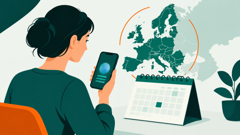Illustration conceptuelle d’un utilisateur consultant un téléphone près d’un calendrier d’octobre et d’une carte de l’Europe