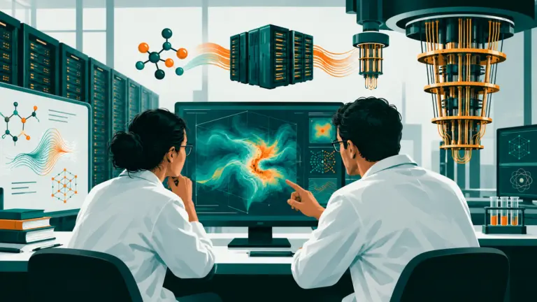 Deux chercheurs examinent une simulation scientifique dans un laboratoire universitaire, avec un calculateur en arrière-plan.