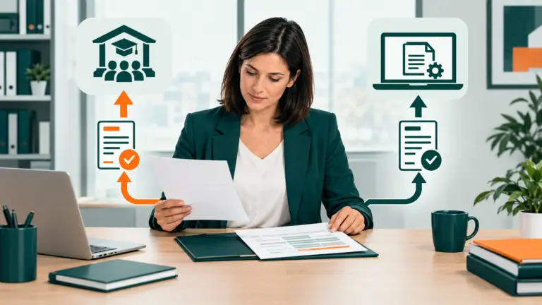 Une responsable administrative de CFA compare une facture d’apprentissage à un échéancier et vérifie le canal de dépôt adapté.