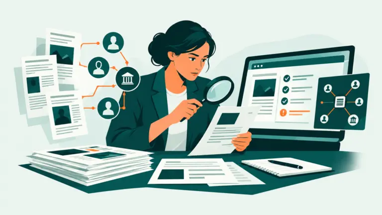 Une journaliste vérifie la provenance d’un article et les liens entre signatures pseudonymes et un organisme de recherche fictif.