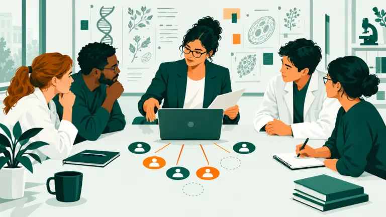 Une responsable de laboratoire universitaire examine une demande d’accès à un outil d’intelligence artificielle avec son équipe de recherche.