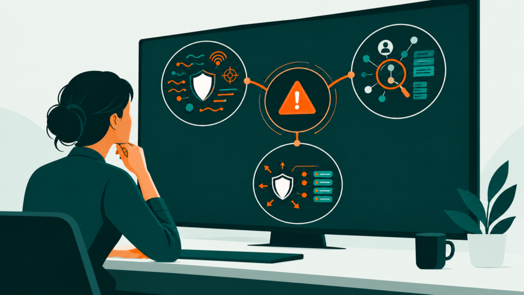 Illustration conceptuelle d’une analyste reliant des signaux, le contexte d’une enquête et des actions de protection