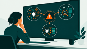 Illustration conceptuelle d’une analyste reliant des signaux, le contexte d’une enquête et des actions de protection